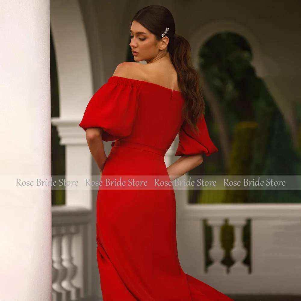 Maxi Prom Dresses Red Off the Shoudler Short Sleeves Belt Column Prom Gowns For Women 2024 Criss-Cross Split Elegant Party Dress