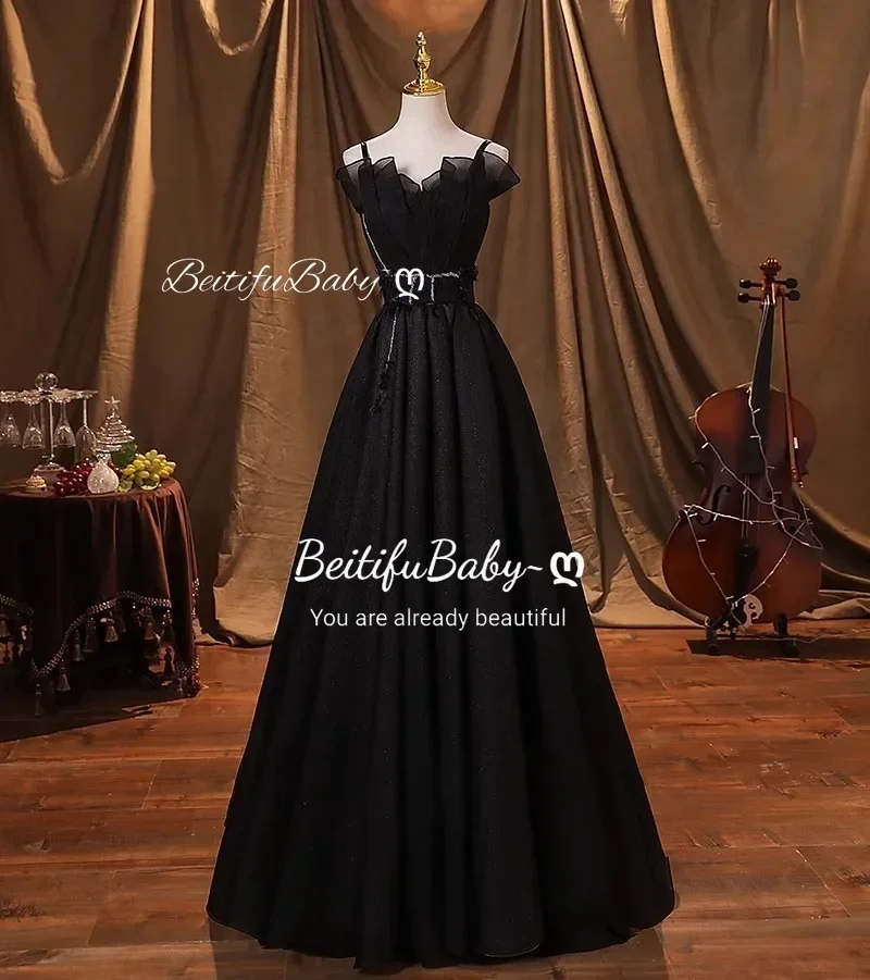 

French Style Evening Black Dress for Women Organza Sleeveless V-neck Sling Ball Gown Lace-up Banquet Dresses Vestido De Fiesta