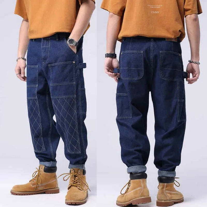 ﻿  American Retro Cross-pants Workwear Jeans Loose Open Double Line Lumberjacks Denim Trousers