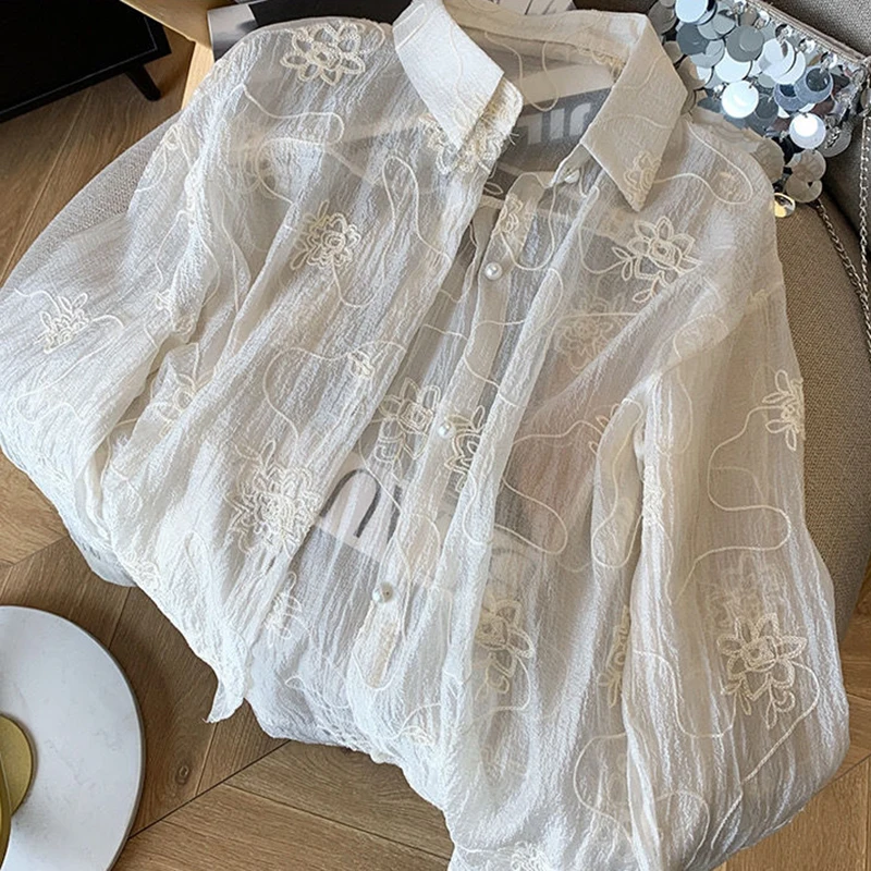 Zoki Elegant Sun Proof White Shirt Women Long Sleeve Embroidery Blouse Loose Korean Fashion Design Female Oversize Thin Tops New