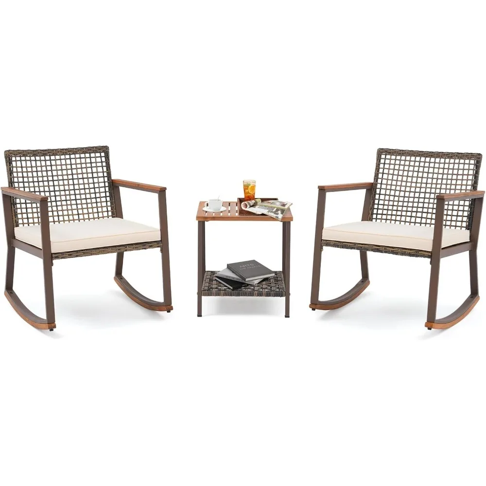 

Доставка из США, комплект из трех предметов для бистро-качалки, стол и стулья для бесед на открытом воздухе с деревянными подлокотниками, мягкие подушки для патио