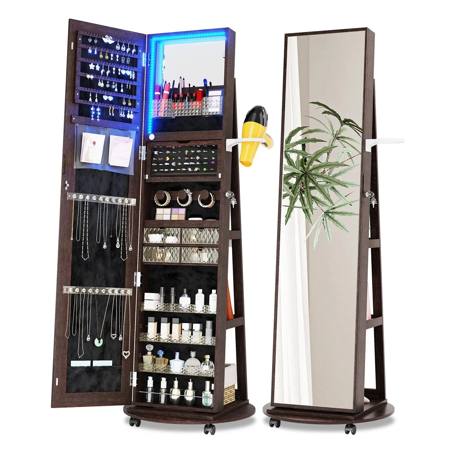 360 Rotating Jewelry Armoire Organizer with Lights, Lockable Cabinet Standing, Perfect for Christmas Gifts (Brown)