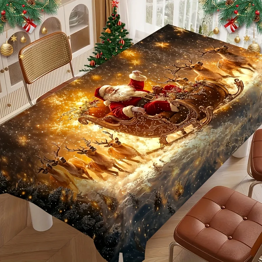 1pc Christmas tablecloth with a golden snowflake background design - Retro luxurious style Santa Claus and deerzyc