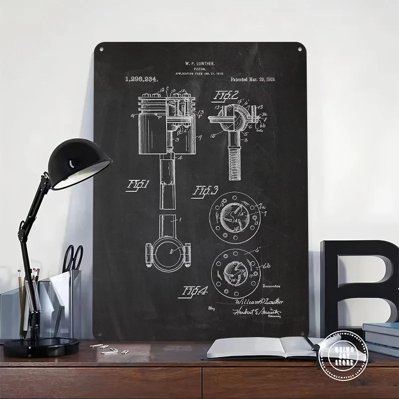 1919 Piston-Patent Drawing Metal Poster Custom Wall Art Retro Vintage Tinplate Signs for Man Cave Gamer Room Decoration Cozy