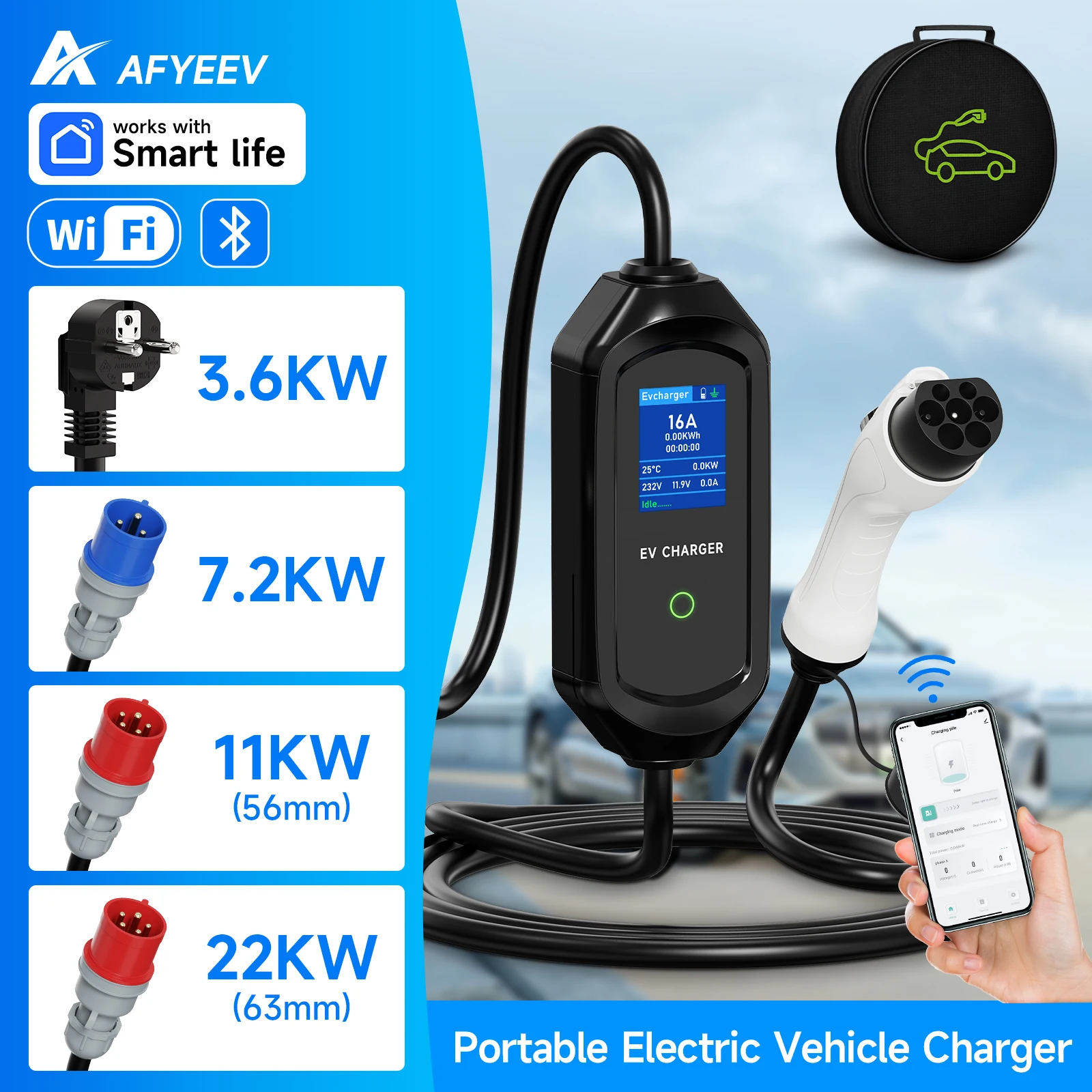 AFYEEV GB/T Portable EV Charger Electric Vehicle Charger EVSE Charging Cable WiFi Bluetooth APP Control 3.6KW/7.2KW/11KW/22KW