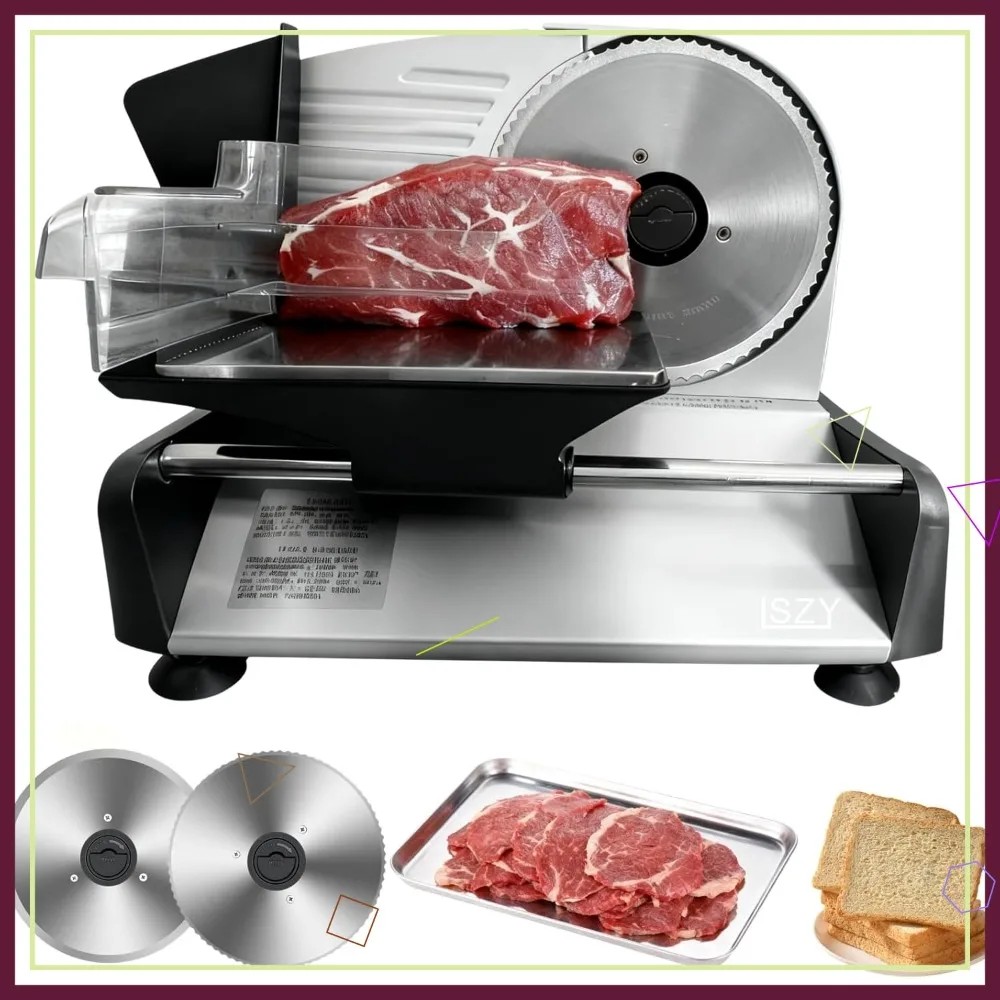 

Electric Meat Slicer Machine for Home with Removable Blades, Adjustable Thickness Deli Cutter for Bread Cheese