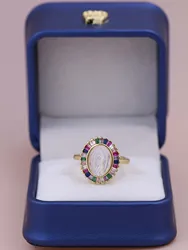 Fashion Religious  Natural Mother Of Pearl Shell Virgin Mary CZ Oval Adjustable Ring Hip Hop Christian Jewelry  For Women Men