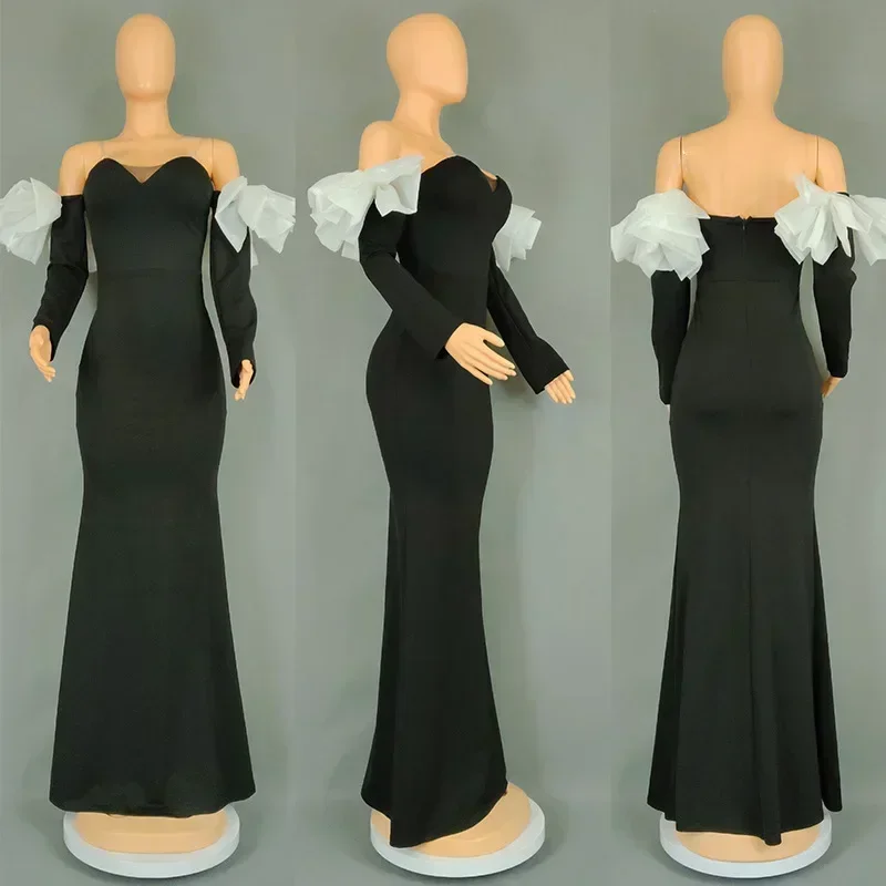 women's-off-shoulder-african-maxi-dress-long-sleeve-slim-fit-draped-robe-fashionable-solid-color-2025-new-style