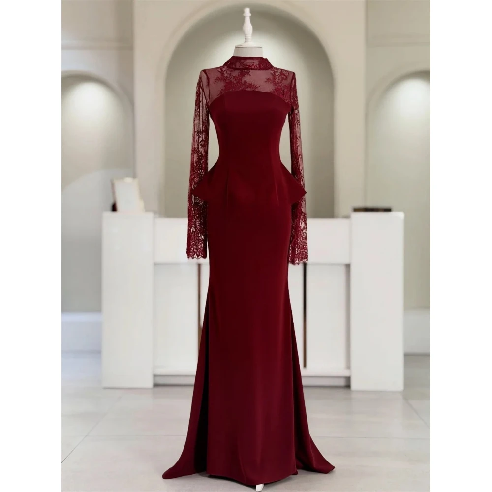 

Вечернее платье цвета бургунди на заказ, с высоким воротником, кружевными длинными рукавами, из джерси, длинное, плиссированное, фасона «русалка», для торжественных мероприятий