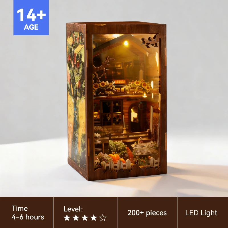 Miniature Book Nook Wooden LED Lighted Vintage Rustic DIY Bookend Decor for Home Office Bookshelf