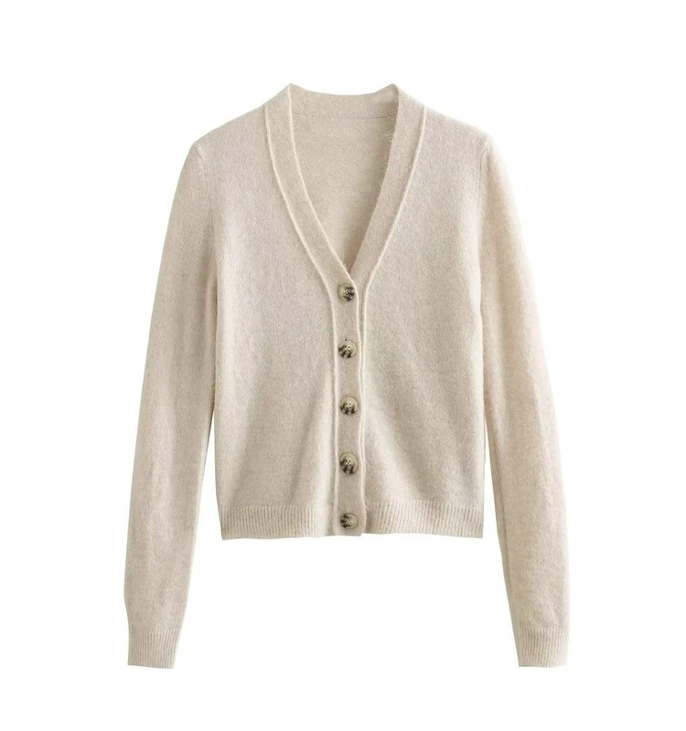 2023 New Women's Fashion Short Versatile Outerwear Long Sleeve V-Neck Button-Up Knitwear  Color Commute Style