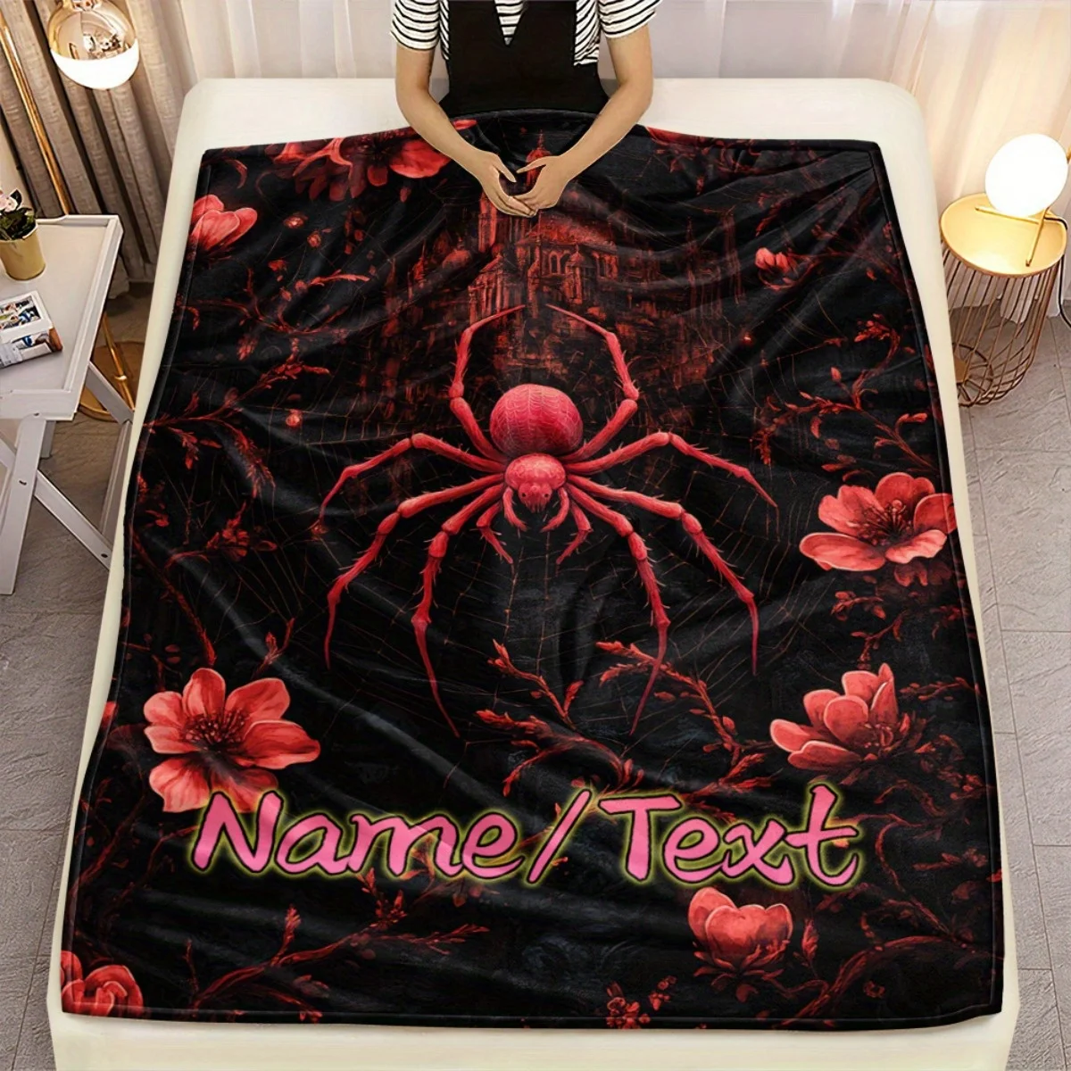 1pc Personalized spider Gothic-style blanket custom name and text, all-season home camping office blanket Halloween gift