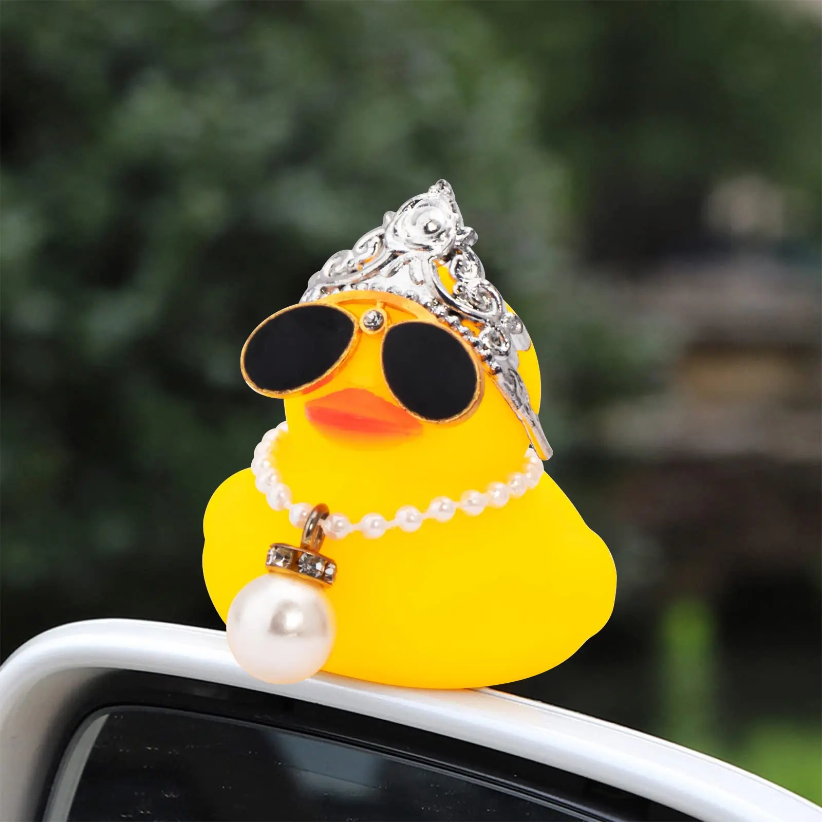 Car Duck Decoration Dashboard Ornament Rubber Duck Decoration Rubber Accessories with Pearl Necklace Crown Jeeps Duck