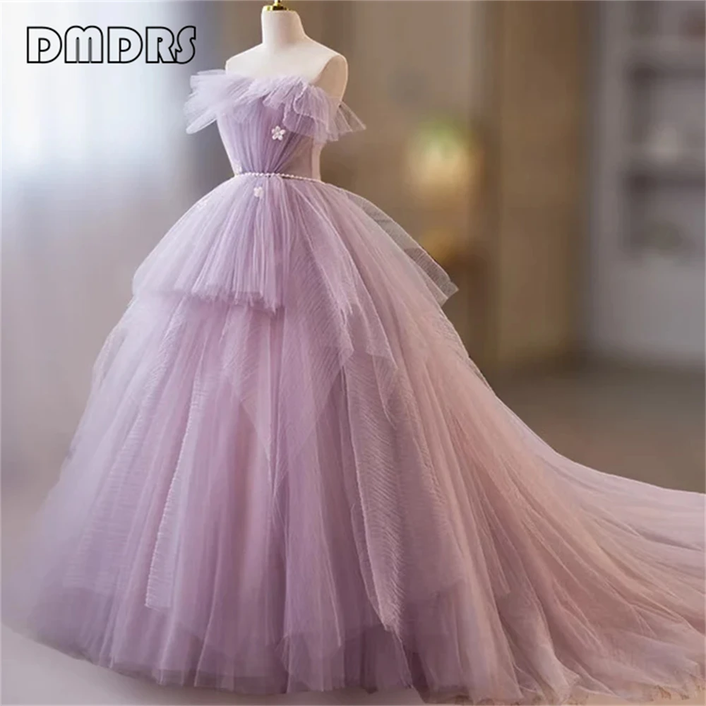 DMDRS Fashion | Lavender Strapless Layered Formal Dress Strapless Soft Tulle Prom Dressed Wedding Party Gown Customized