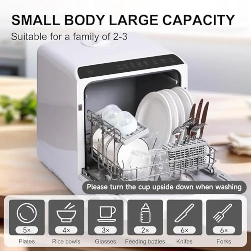 غسالة أطباق محمولة مدمجة مع 5 أوضاع للغسيل، تحكم بلوحة لمس LED وخزان مياه بأذرع رش مزدوجة