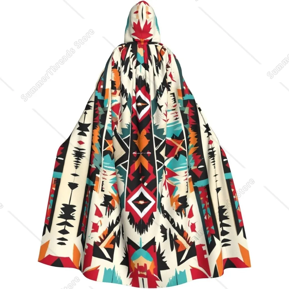 

Native American Pattern Print Cosplay Adult Halloween Witch Hooded Cloak Cape Unisex Costume For Horror Parties Masquerade