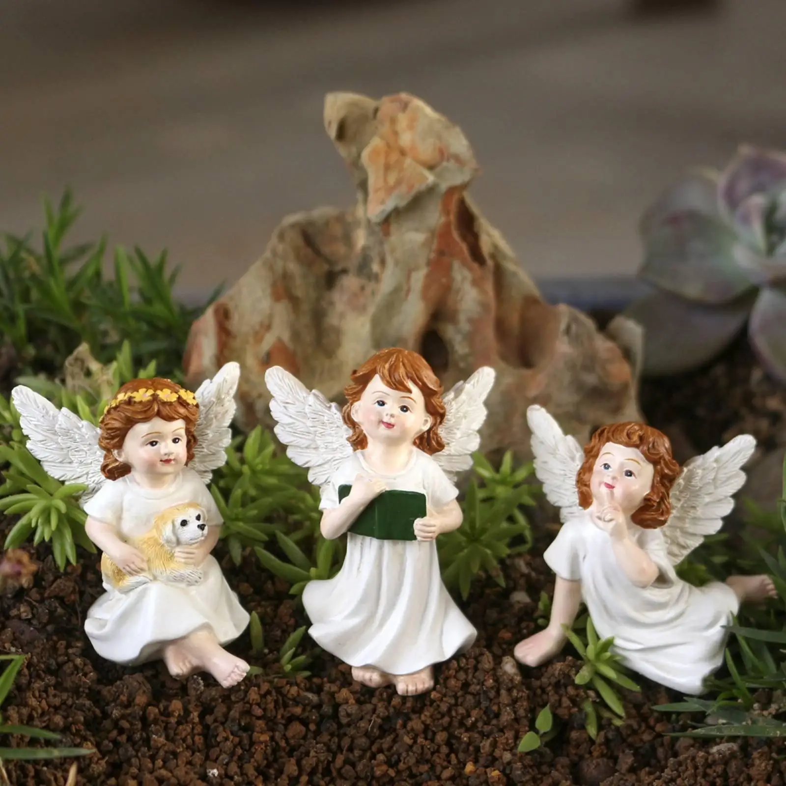 3 Pieces Winged Floral Ornament Pick Set Outdoor Use Resin Angel Plant Stake Cute Decor Garden Ornament for Gardeners, Gift