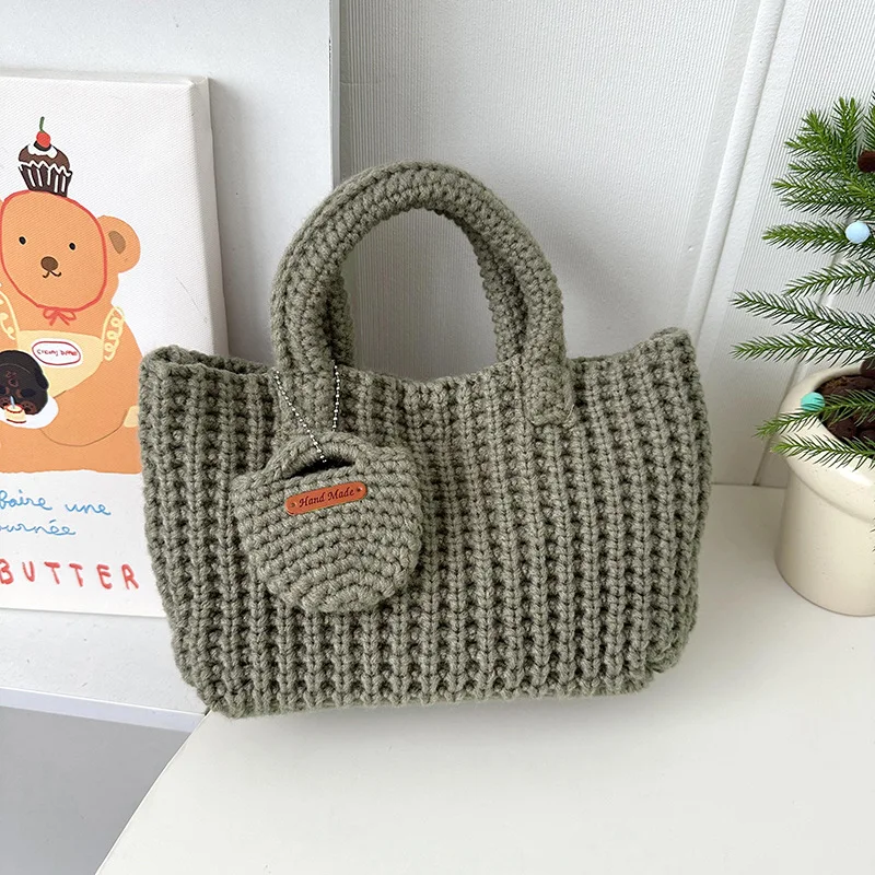 Woven Bag Solid Color Handmade Crochet Bag Cute Woolen Handbag Autumn and Winter Wear Mobile Phone Bag