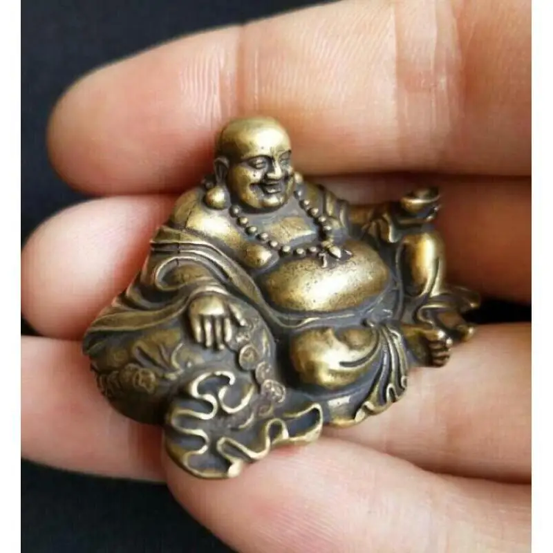 Vintage Chinese Pure Brass Maitreya Buddha Statue Small Ingot Laughing Buddha Tea Pet Feng Shui Mascot Collectible Desk Decor