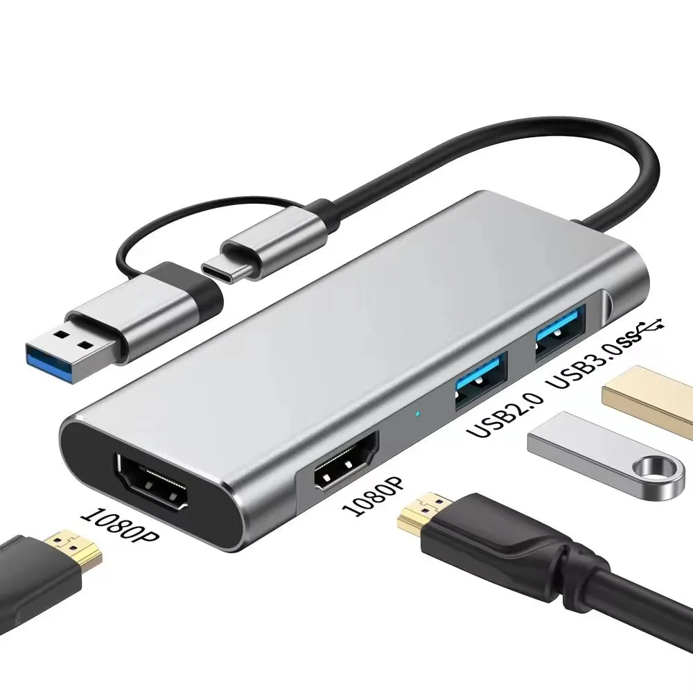 

4-in-1 USB-C/USB-A Dual HDMI-compatible Hub 4K 30Hz/1080P, USB 3.0/2.0 DisplayLink LED for Mac/Windows, Extended Display