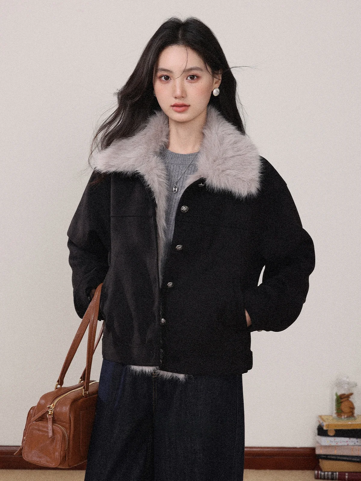 

Warm ort Outerwear Women's Faux Fur Collar Suede Jaet Retro Bla Cact Size Autumn Winter New Sle Zhang Qingui