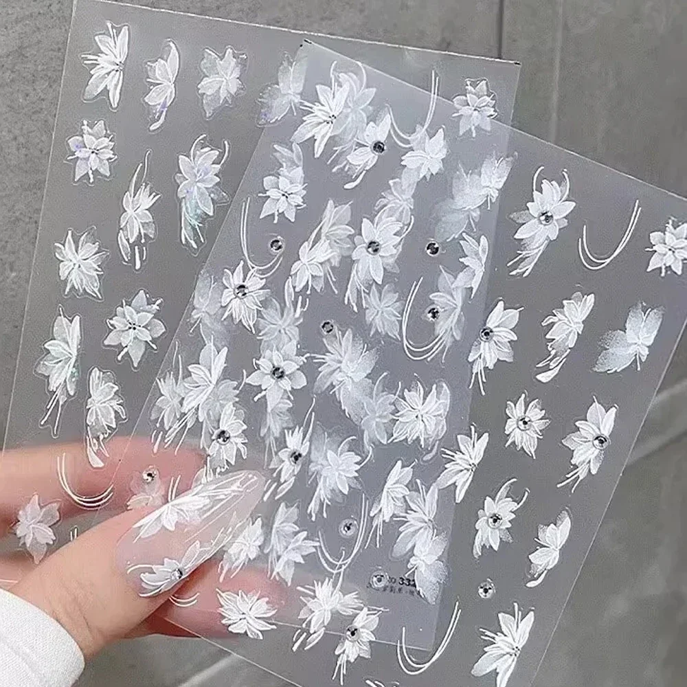 1 Sheet 5D Flowers Nail Stickers Embossed Decals Simple Acrylic Carve White Petal French Nail Art DIY Manicure Decoration