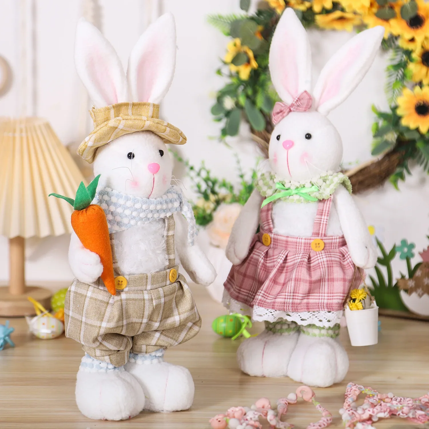Easter Rabbit Cartoon Retractable Leg Couple Rabbit Doll Home Decorative Ornament Overalls Skirt Bunny Doll Easter Party Gifts