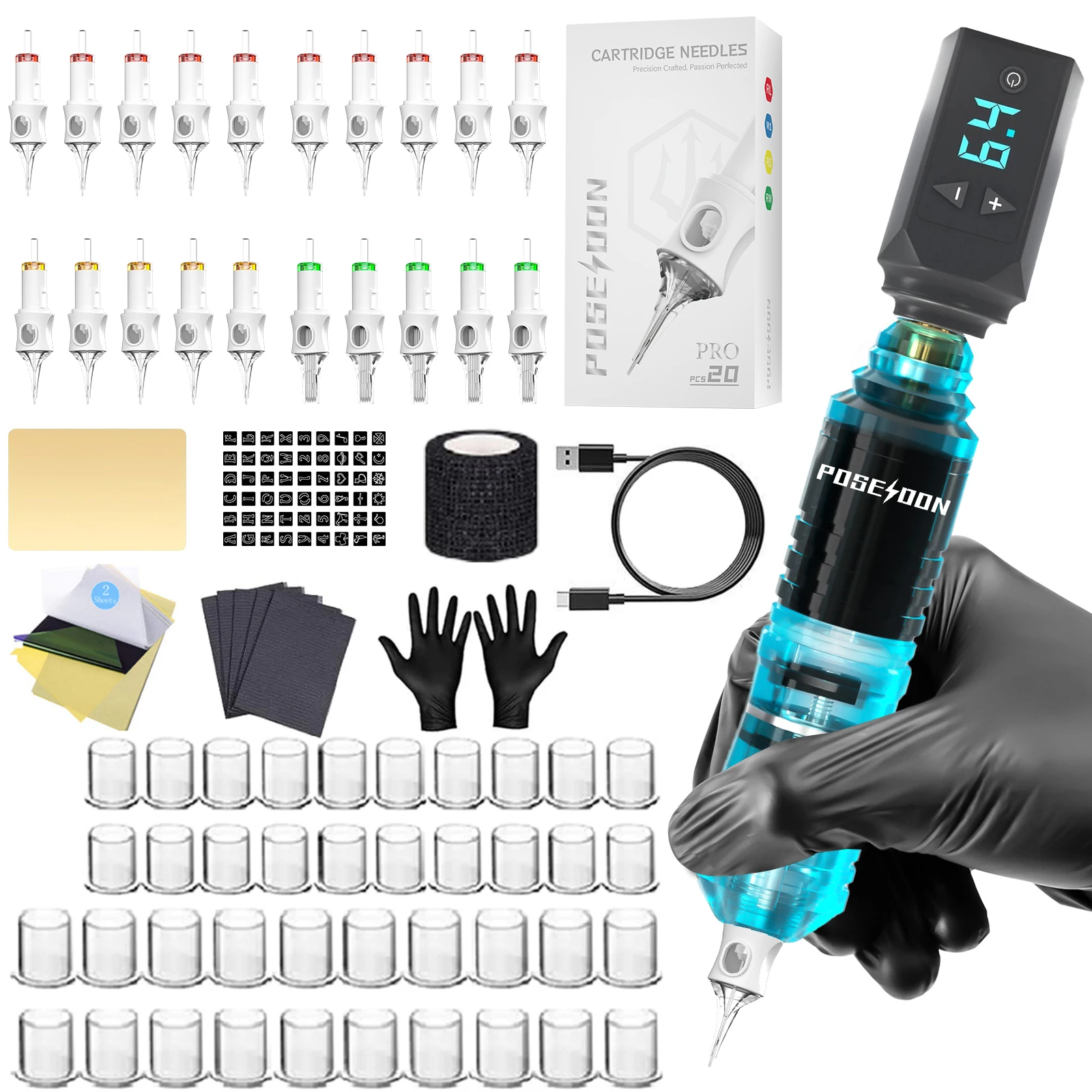 Tattoo Kit POSEIDON V6 Transparent Tattoo Pen Kit Für Permanent Make-Up Tattoo Maschine Kit Blau