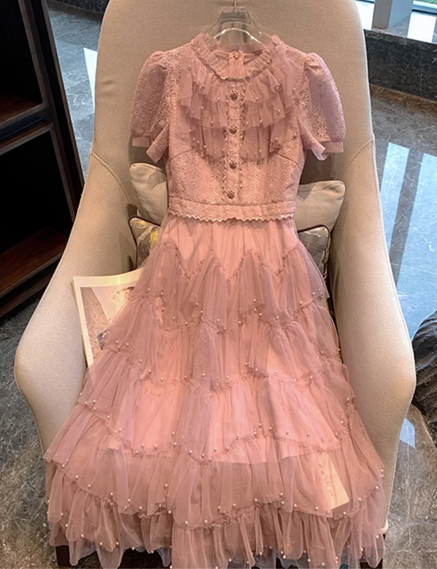 High End Pink Beading Summer Women Lace Sweet French O Neck Short Sleeve Mesh Cascading Ruffles Cake Casual Party Dresses