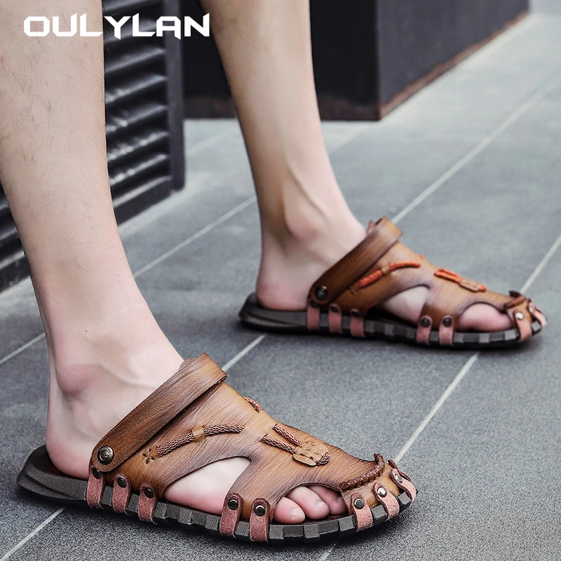 

Summer Genuine Leather Sandals Men Shoes Retro Large Size Men's Beach Sandals Fashion Dual-use Sandals Slippers Plus Size 38-47