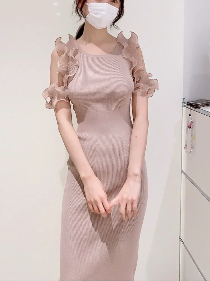 Kuzuwata Japan Wood Ear Edge Spliced Knitted Robe Slim Fit Off Shoulder Women Dresses 2024 Summer Wrapped Hip Stretch Vestidos