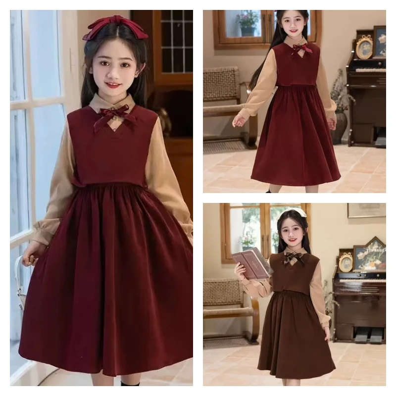 

hot Kawaii Girl Fashion Shirt Skirt Set Student Spring Autumn Casual Long Sleeves Tops Dress 2-Piece Set Children's Clothing new