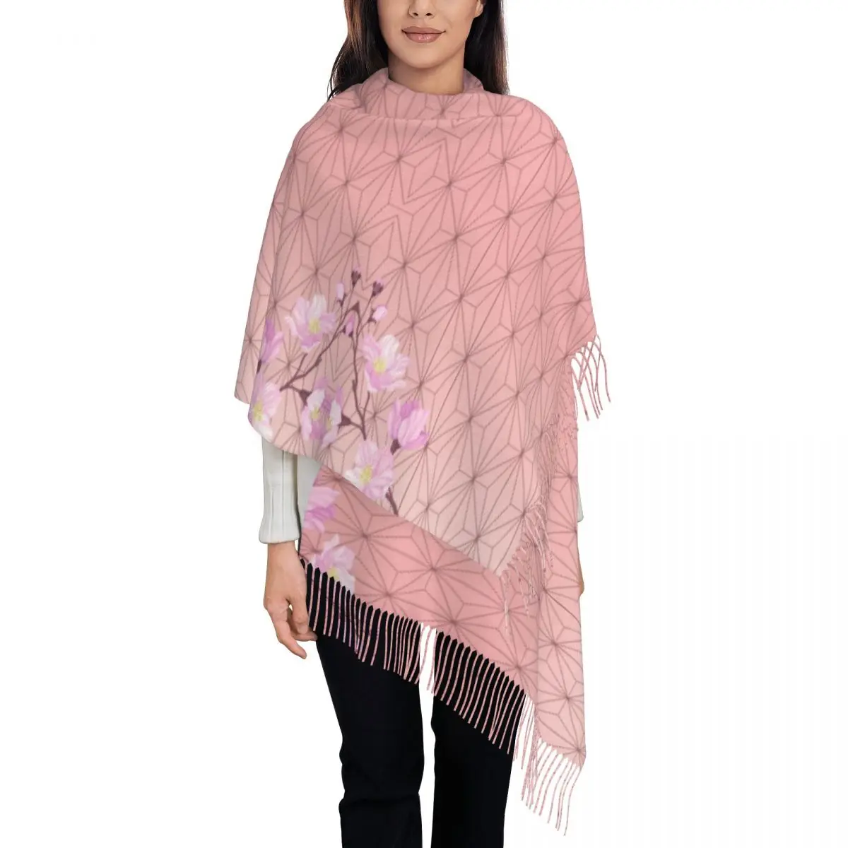 

Women Scarf Warm Soft Pink Geometric Head Scarves with Long Tassel Japan Anime Art y2k Cool Shawls Wrpas Winter Graphic Foulard