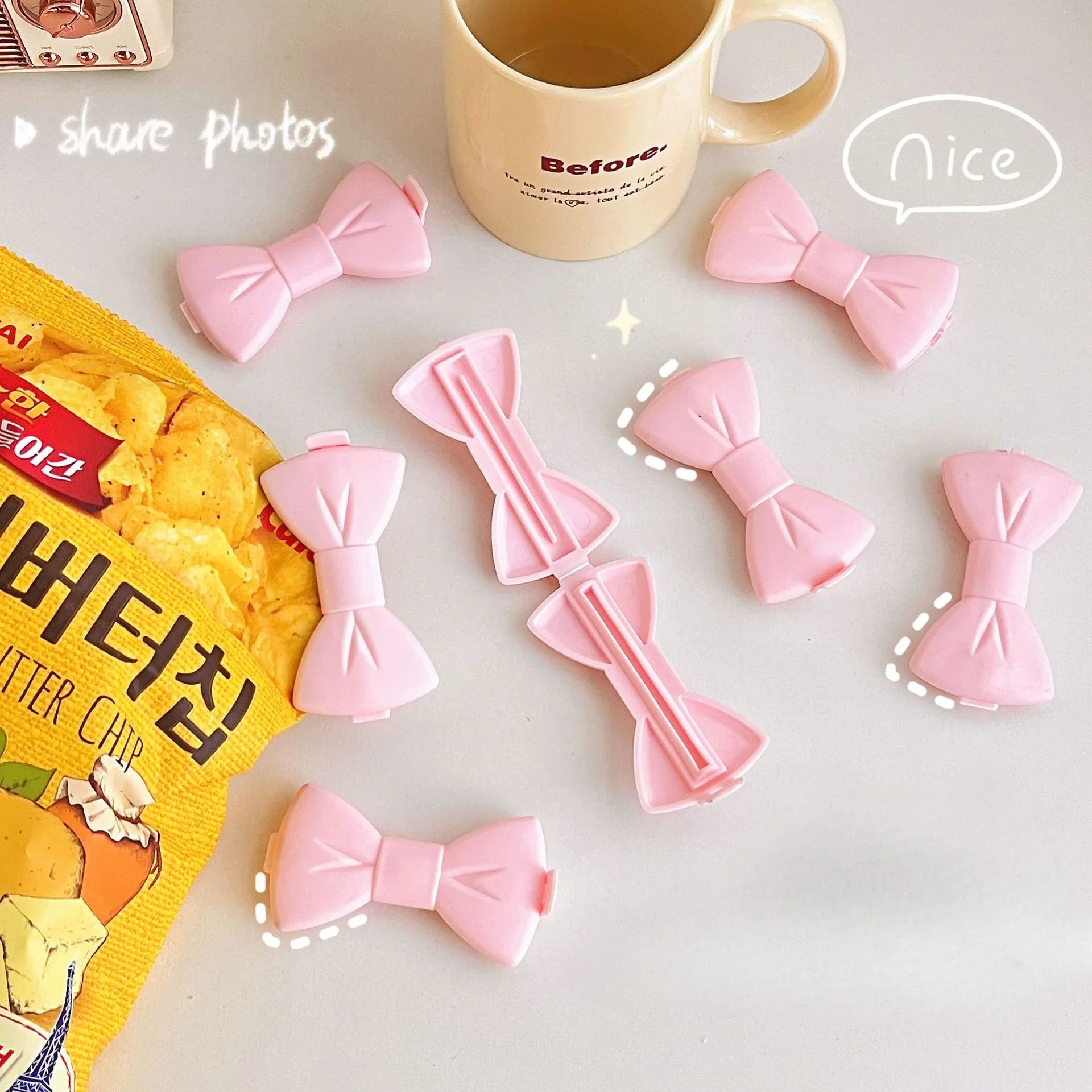 2Pcs Korean INS Cute Pink Bow Sealing Clip Girl Potato Chips Cereal Snack Bag Moisture-proof Clip Kitchen Accessories Organizer