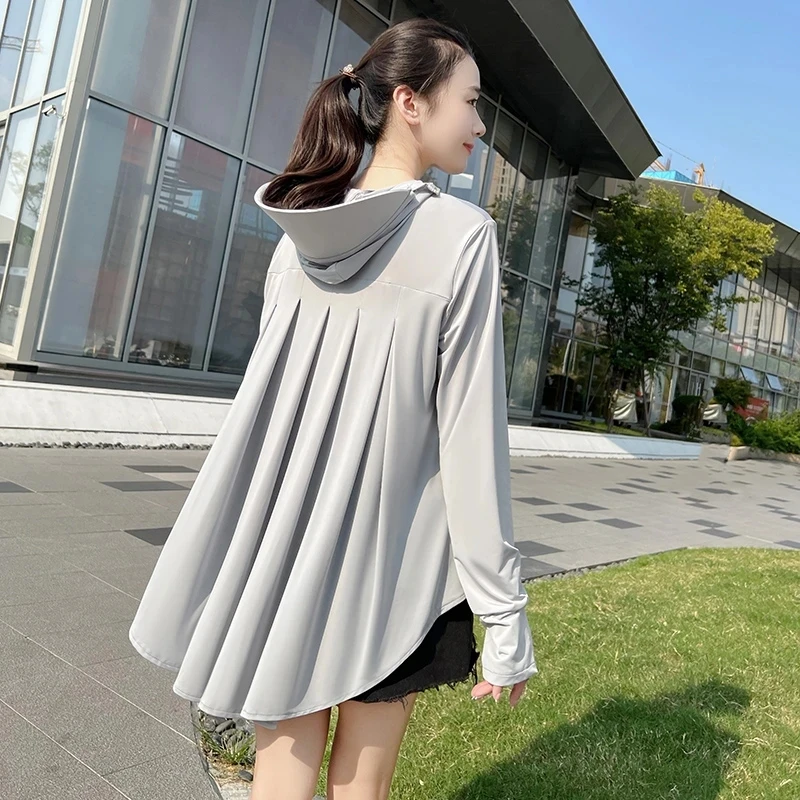 Summer Mid Long Sunscreen Clothes For Women New Outdoor UV Resistant  Ice Silk Cool Sun Protection Coat Thin Jacket Tops