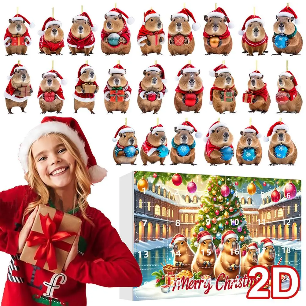 Capybara Christmas Advent Calendar Kit Countdown Christmas Calendar 24 Days Capybara Tree Pendant 2D Acrylic Capybara Pendants