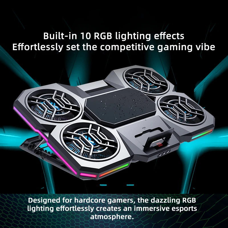 Laptop Cooler with Semiconductor Cooling Quad-Core Ultra-Powerful Fan with Silent Operation LED Screen with RGB Lighting Effects