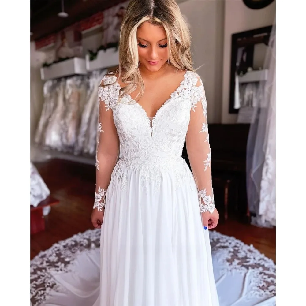 Vintage Customized V-neck Lace Applique Wedding Dresses Long Sleeves Chiffon A-line Bridal Gown Sweep Train vestido de novia