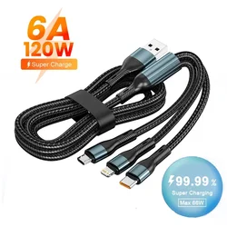 3 In 1 120W 6A Type C Super Fast Charging Cable For iPhone 16 15 14 Micro USB C Charger Data Cable