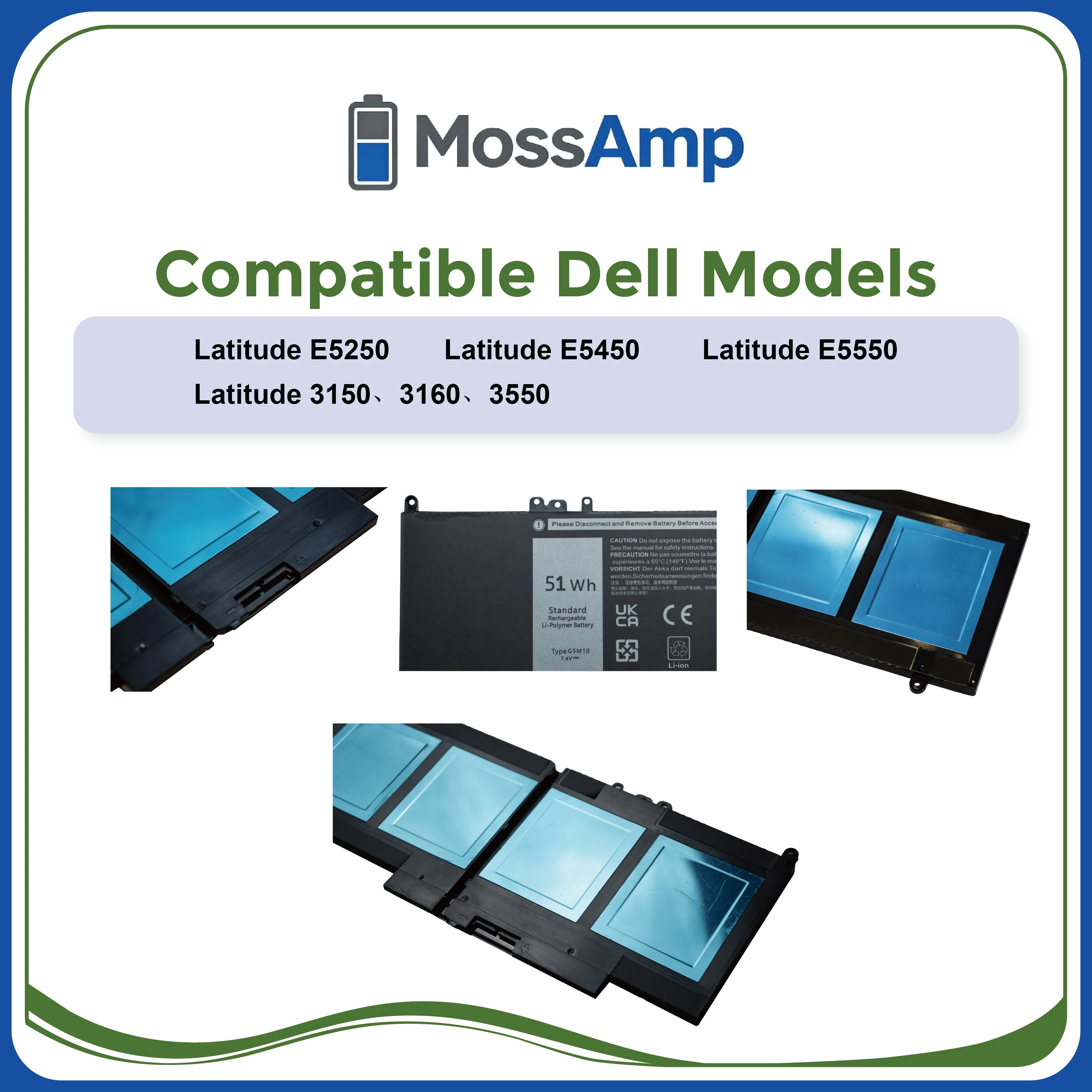 MossAmp 7.4V 51WH G5M10 Laptop Battery for Latitude E5250 E5450 E5550 P37F P48F 8V5GX R9XM9 WYJC2 1KY05 451-BBLK