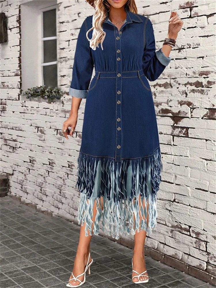 Wmstar Plus Size Denim Dresses Women Long Sleeve Button Pockets Pathwork Tassel Maxi Dress Fall Clothes Wholesale Dropshipping