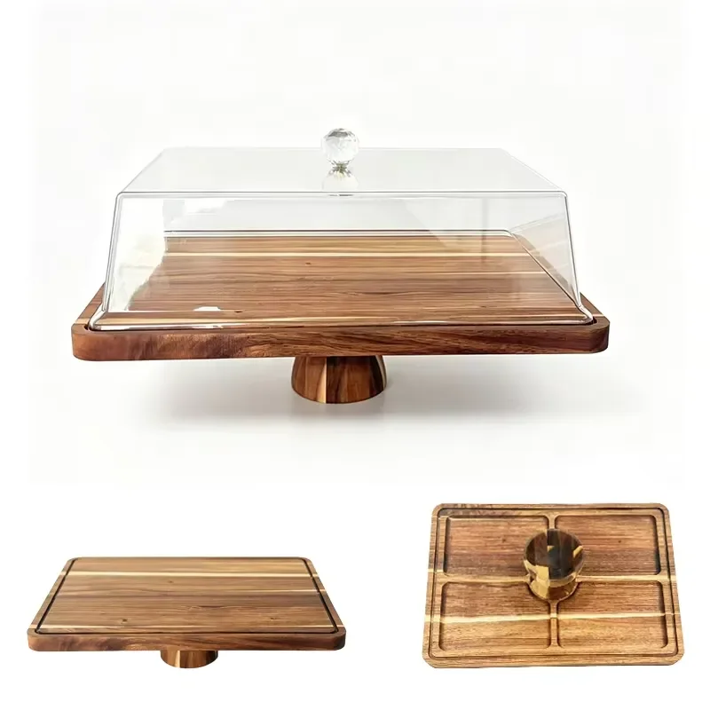 Acacia Wood Rectangle Cake Stand with Clear Acrylic Dome Cover Dessert Platter Tray Base for Party Wedding Serving Display