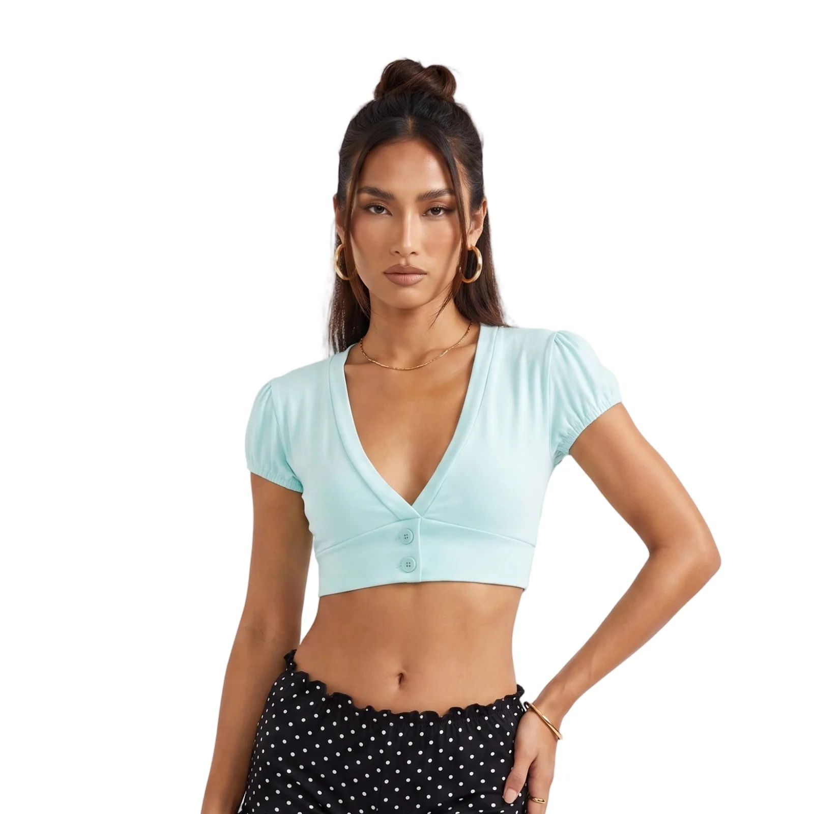 Women's Summer Crop T-Shirt Solid Color Cap Sleeve V-Neck Slim Fit Tops