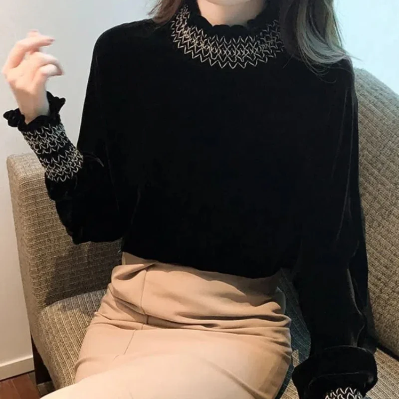 French Style Fashion Autumn Winter Women\'s Golden Velvet Mock Neck Patchwork Simplicity Office Lady Long Sleeve Loose Shirts Top