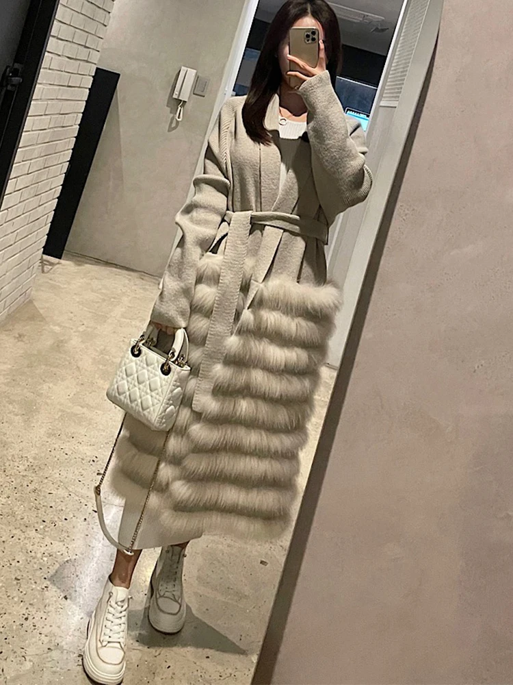 

Hot Sale Women Real Fox Fur Knitting Loose Spring Natural Fox Fur Decoration Lady's Long Sweater Belt Coat