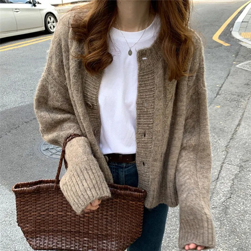 Autumn Winter Clothes Sweater Cardigans Women Korean Fashion New Casual Loose Thick O-neck Knitted Tops Outerwear Clothes 16053