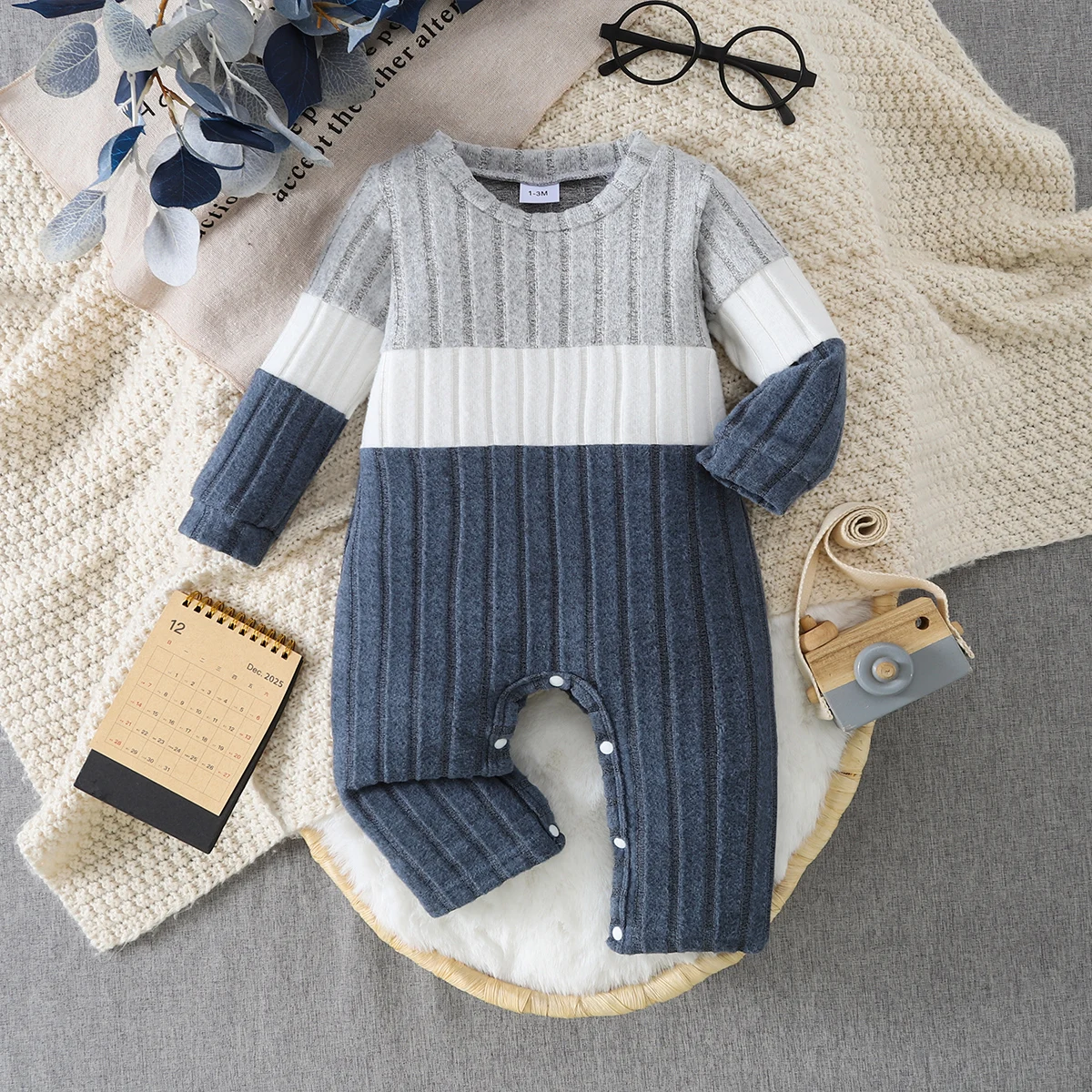 1Pc Baby Color Block Ribbed Long Sleeve Romper, Crotch Snap Jumpsuit for 0-12 Months