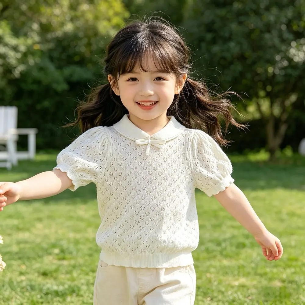 Girls Summer Hollow out Knitted Short Sleeve T-Shirt Fashionable New Style Thin Top Breathable Children's Clothing