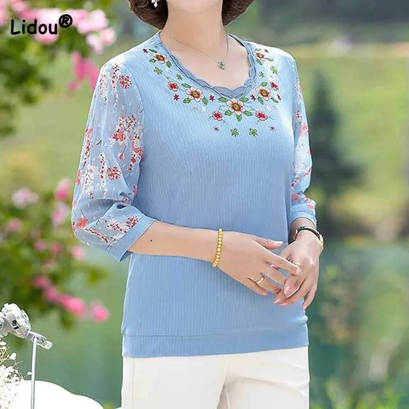 Female Fashion Elegant Chiffon Patchwork Floral Tops Summer New Women's Clothing Casual Commute 3/4 Sleeve Round Neck T-shirt