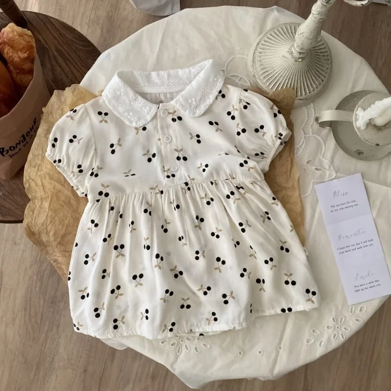 Summer Newborn Baby Girl Clothes Cute Cherry Lace Short-sleeved Skirt and Triangle Wrap Kawaii Rompers 95% Cotton